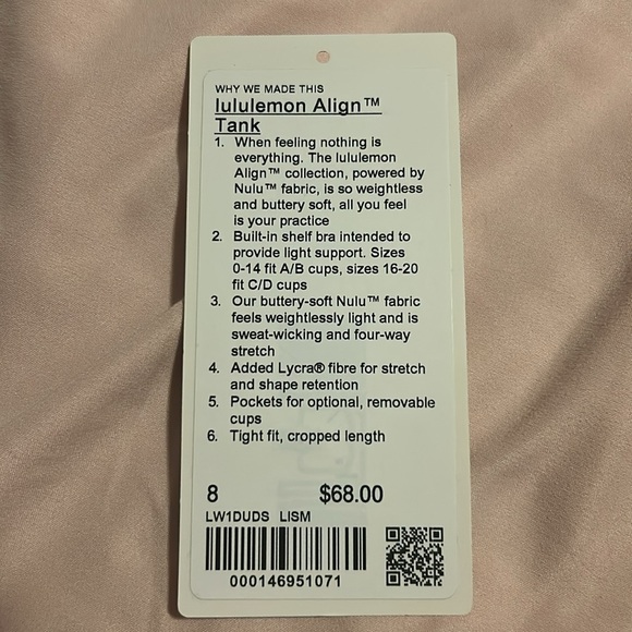 Brand new Lululemon Align Tank size 8 in colour Lilac Smoke. - Picture 6 of 6